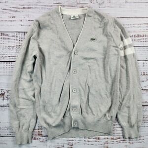 Lacoste Mens Gray Knit Cardigan Sweater Varsity Stripe V-Neck Crocodile Logo 3 S
